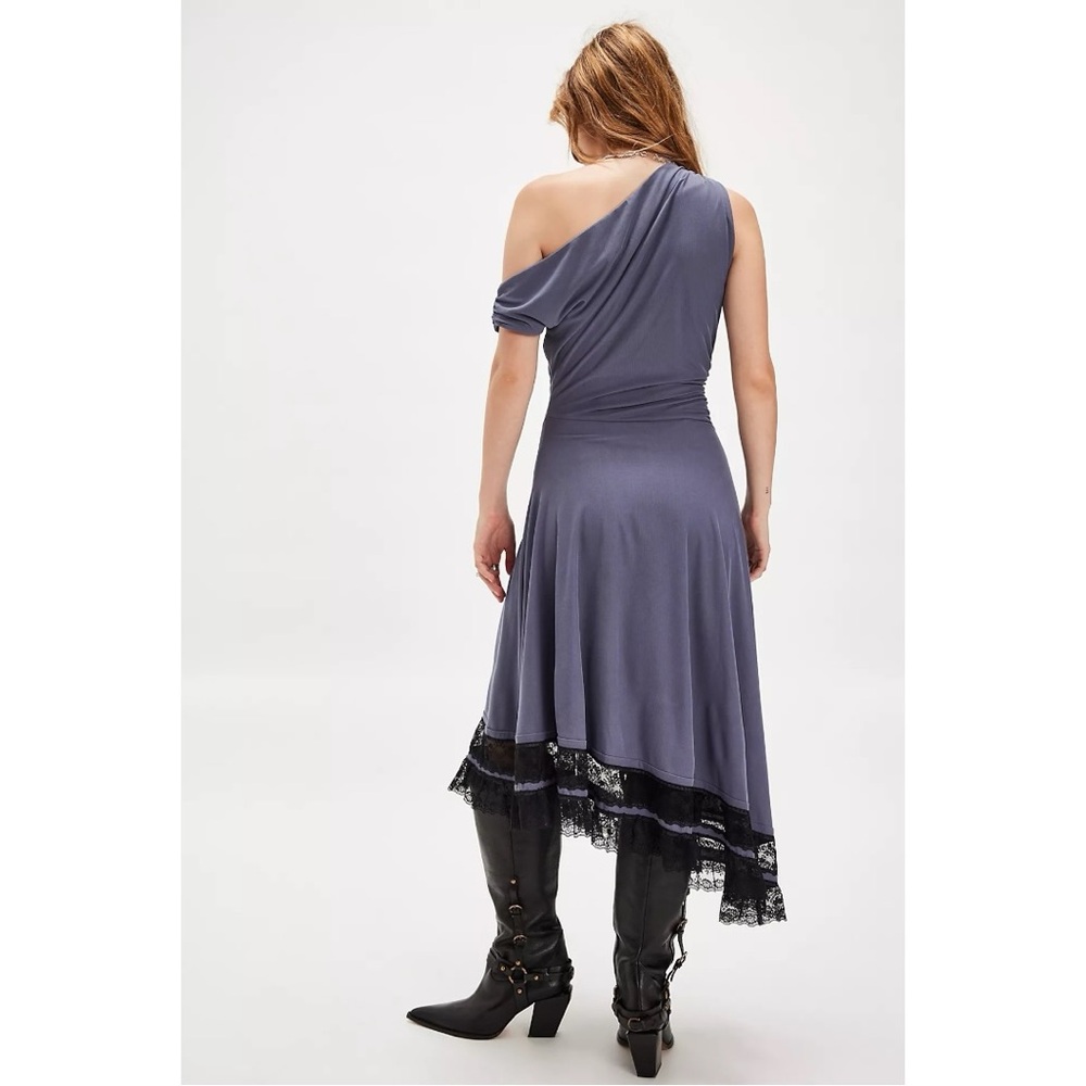 Free People XL Kairo Midi Dress in Folkstone Gray Asymmetrical Lace Off Shoulder - Picture 7 of 16